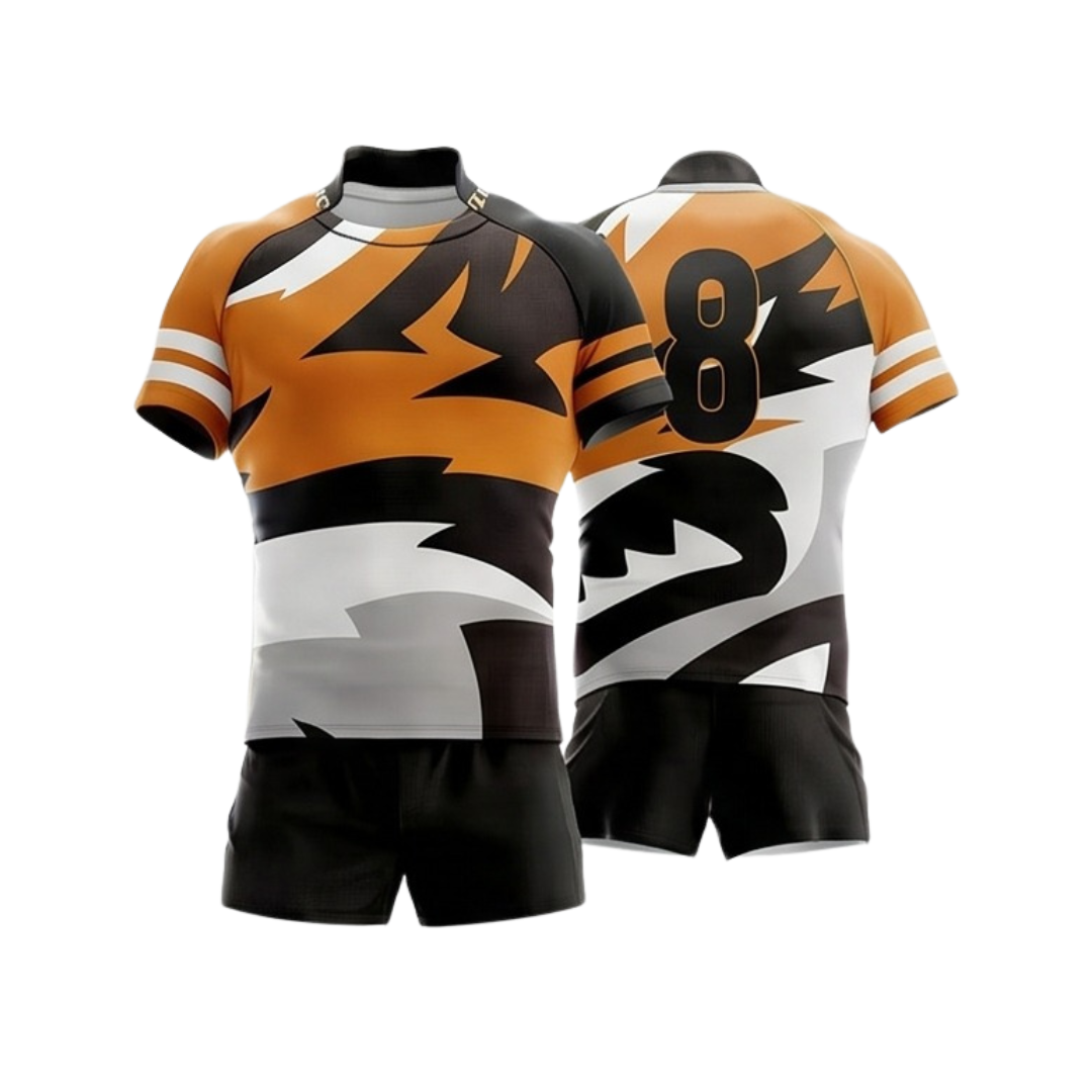 Rugby uniform ZS044 custom performance team kit jersey and shorts front and back view