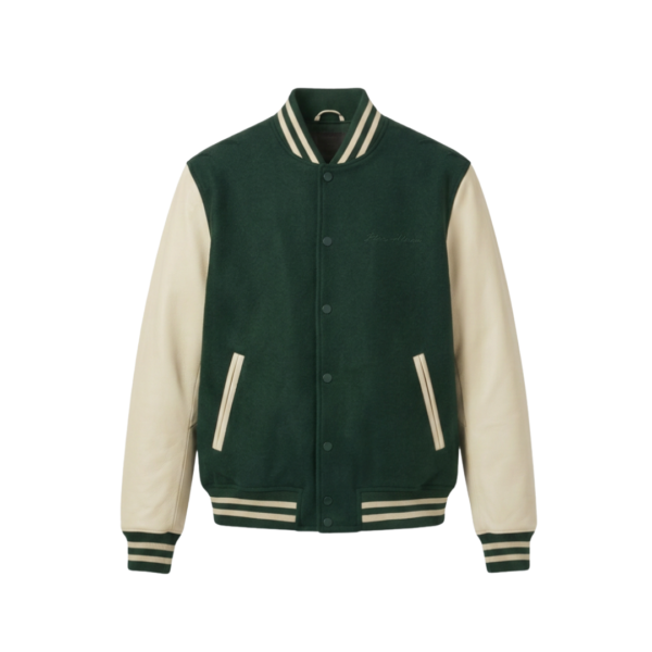 Custom varsity jacket ZS140 wool body leather sleeves letterman style front view