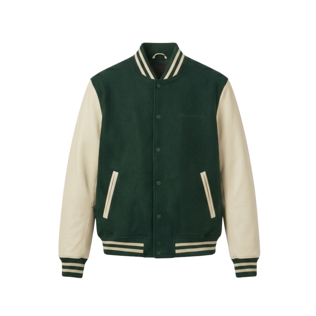 Custom varsity jacket ZS140 wool body leather sleeves letterman style front view