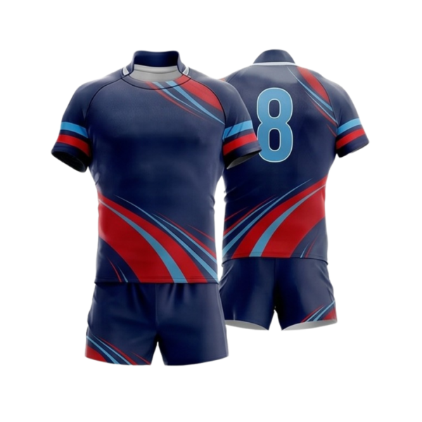 Rugby uniform ZS045 custom performance team kit jersey and shorts front and back view