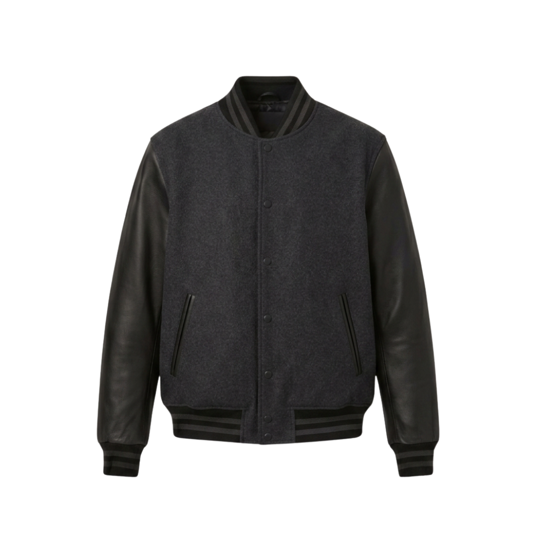Custom varsity jacket ZS141 wool body leather sleeves letterman style front view