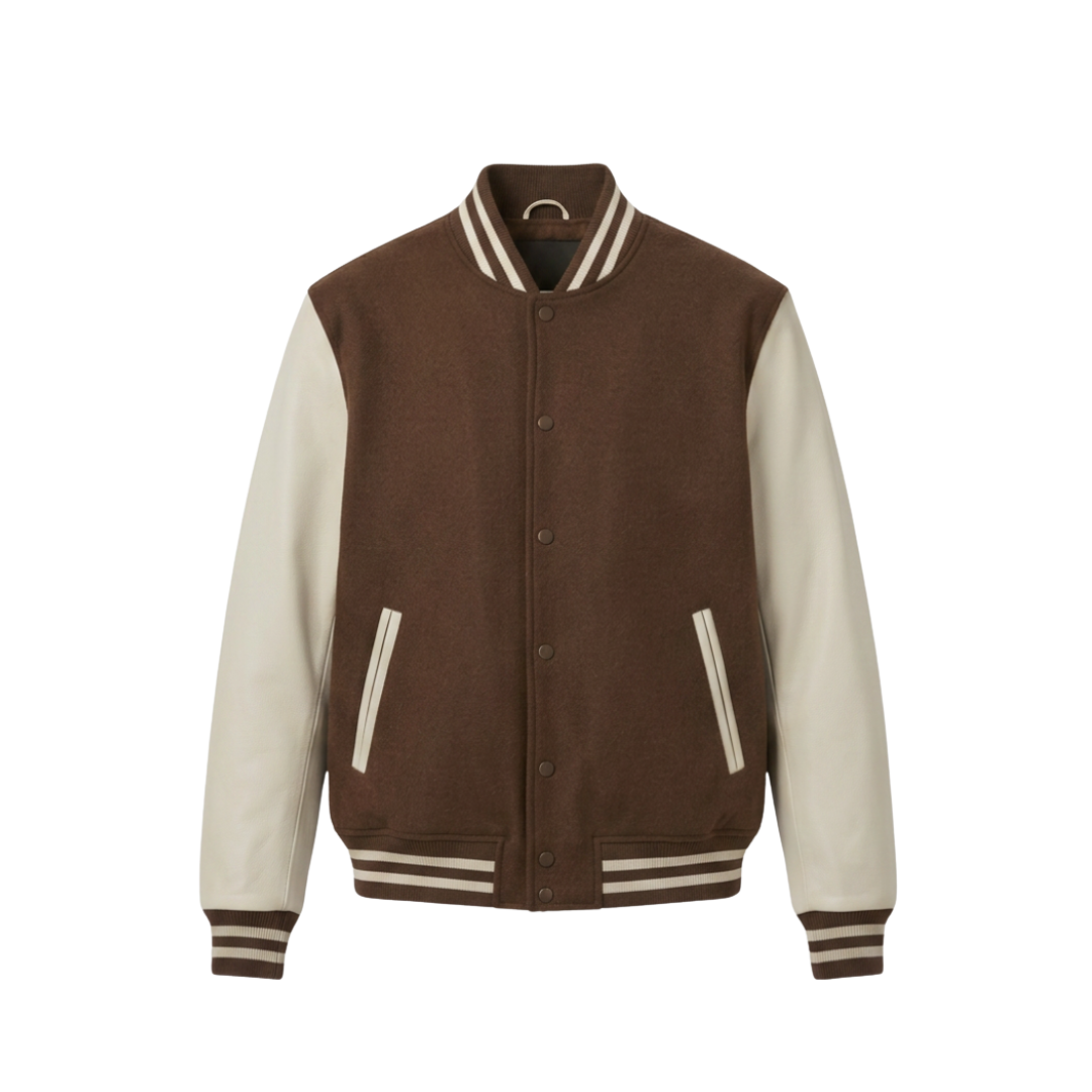 Custom varsity jacket ZS143 wool body leather sleeves letterman style front view