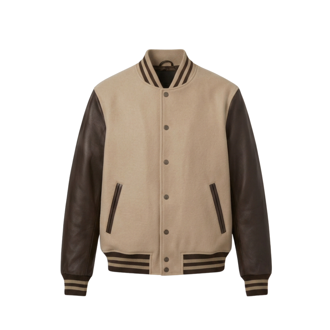 Custom varsity jacket ZS144 wool body leather sleeves letterman style front view